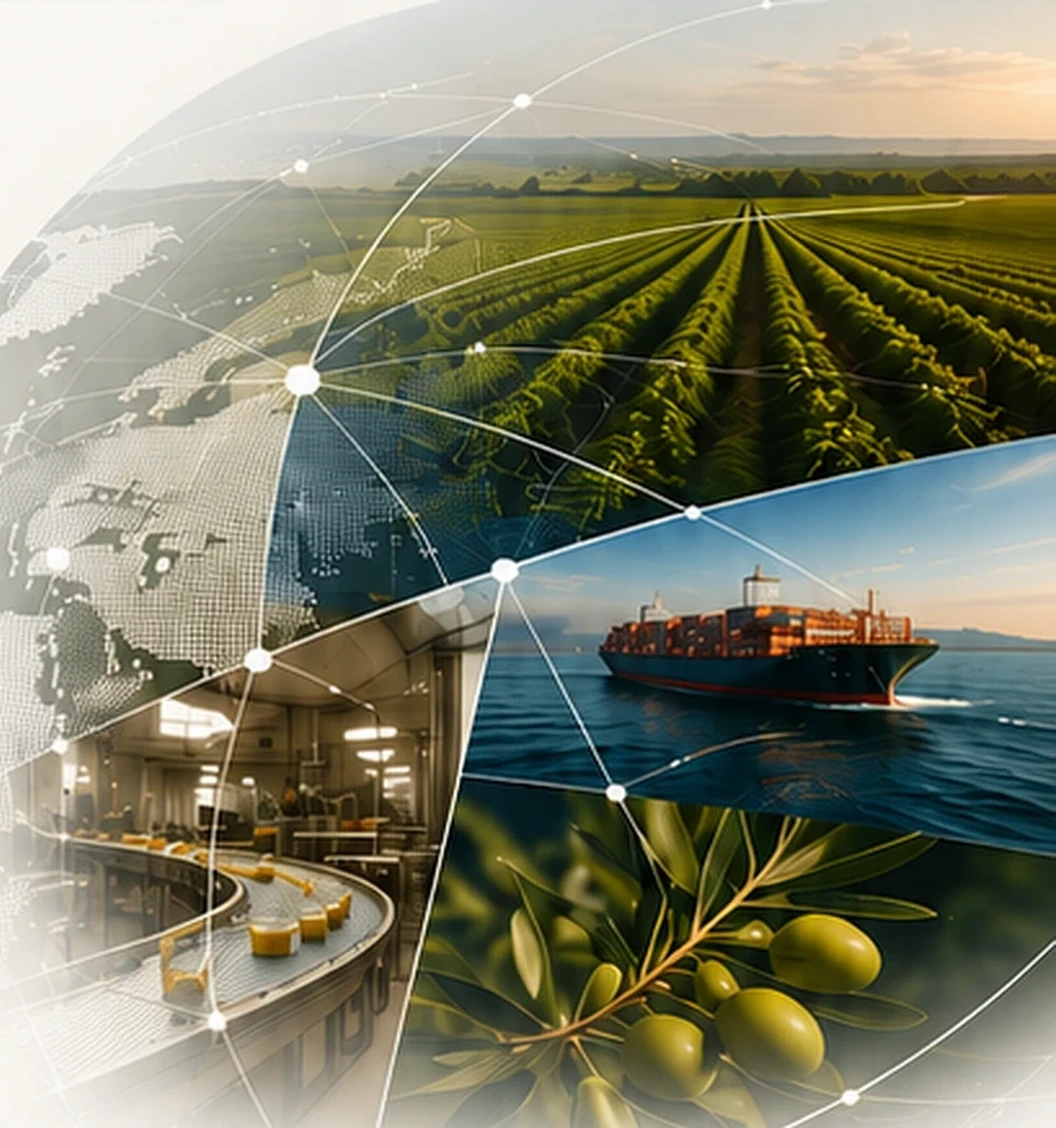 A connected food and agriculture system combining fields, food production, maritime trade, and agricultural products.